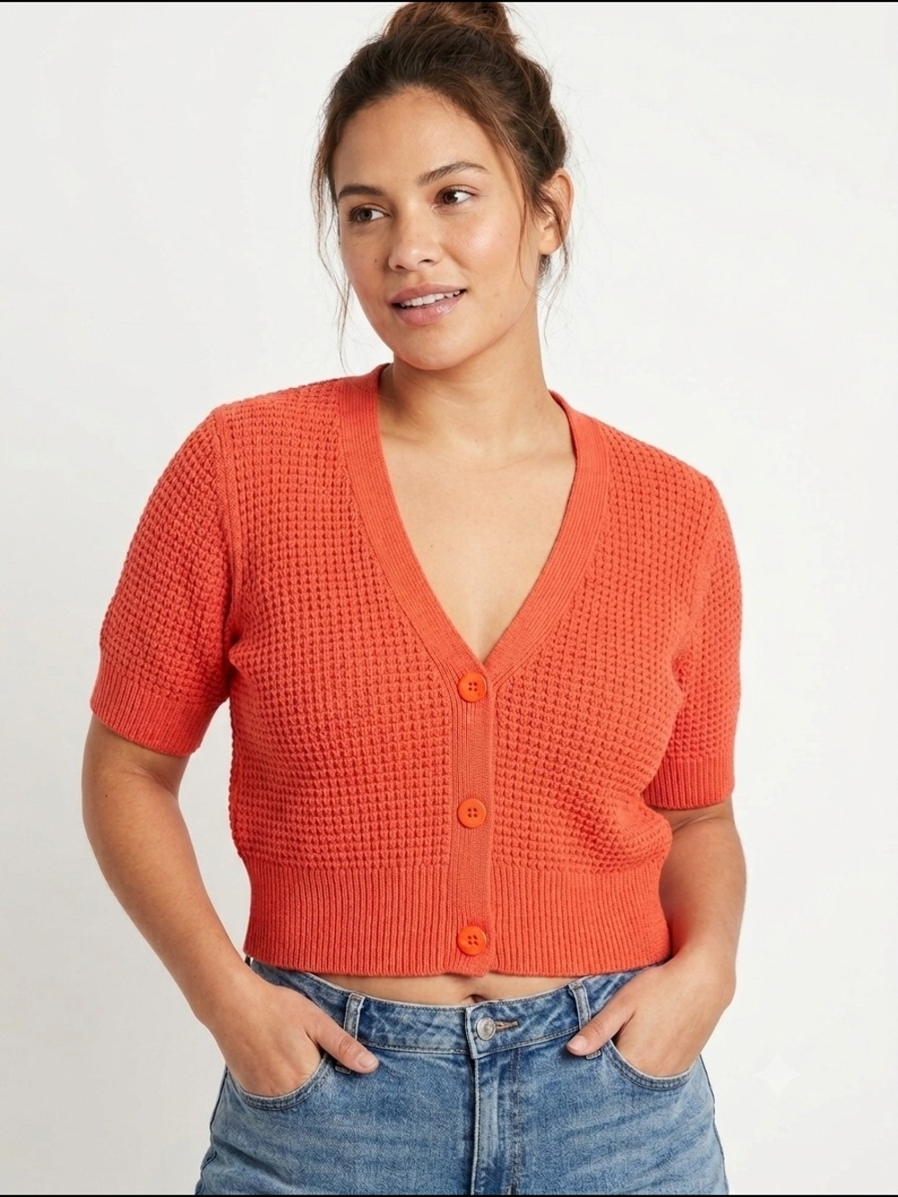 Addition Elle Women's Textured Cropped V-Neck Cardigan Coral Orange 90s Casual